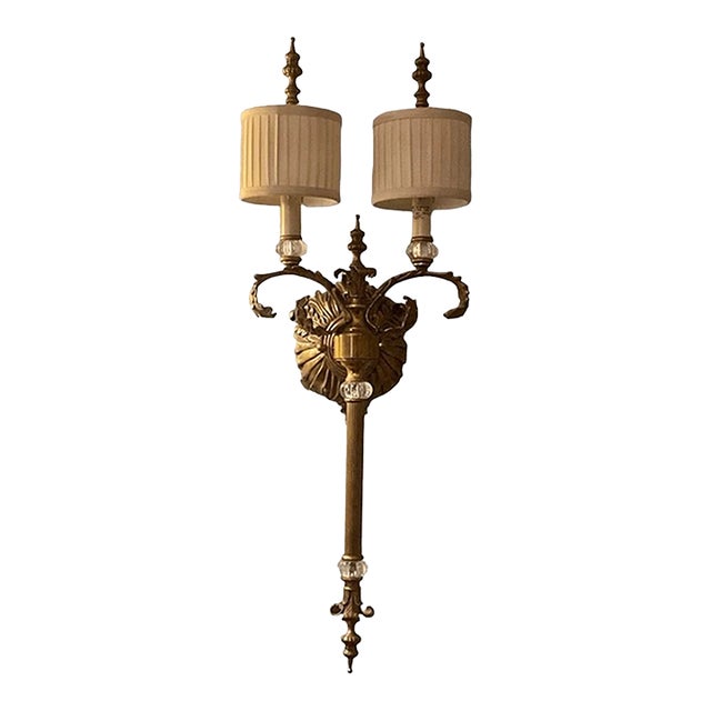Mid 19th Century Biedemeier Style Torchiere Two Light Brass Sconce With Shades For Sale