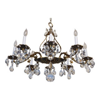 1950s French Brass Oval 8 Arm Dining Room Cut Lead Crystal Chandelier For Sale