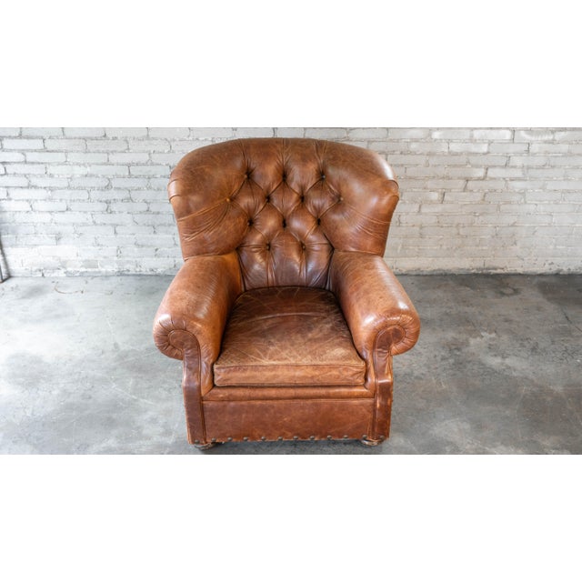 Brown Restoration Hardware Churchill Cigar Leather Writer's Chair For Sale - Image 8 of 14