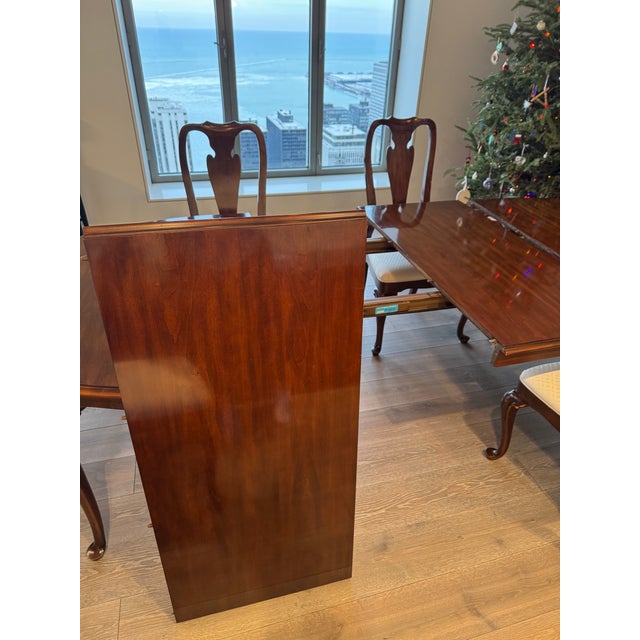 Late 20th Century Drexel Heritage Solid Wood Extendable Dining Table With 6 Reupholstered Chairs For Sale - Image 11 of 15