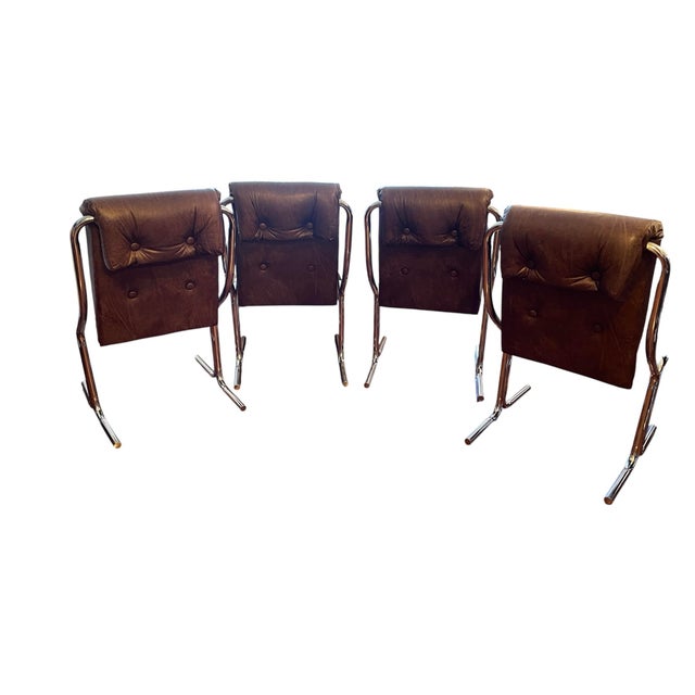 Milo Baughman Vintage 1970s 70s Cantilever Chrome Leatherette Dining Chairs – Milo Baughman Style Studio 54 Set of 4 For Sale - Image 4 of 10