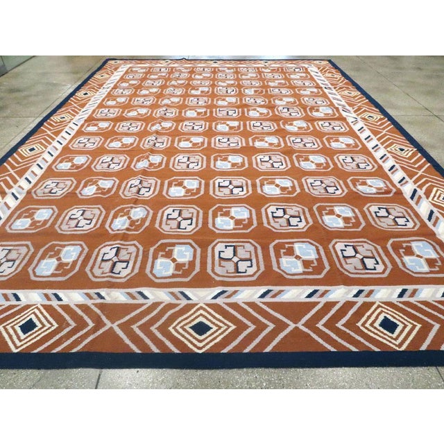 Galerie Shabab Collection Mid-20th Century Handmade Indian Dhurrie Large Room Size Carpet in Terracotta For Sale - Image 4 of 10