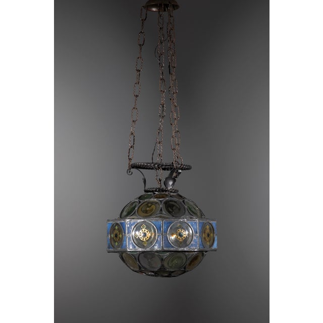 Florentine Liberty Wrought Iron and Lead Glass Lantern, 1900 For Sale - Image 11 of 11