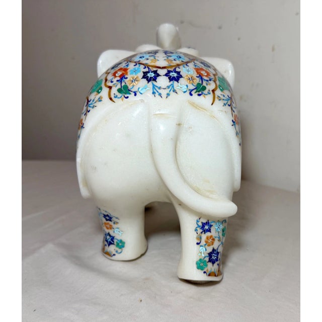 Large Vintage Inlaid White Marble Marquetry Stone Elephant Statue Sculpture 17Lbs For Sale - Image 14 of 17