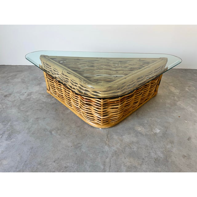Vintage Coastal Rattan Triangular Coffee Table With Glass Top/ Sold For Sale - Image 9 of 12
