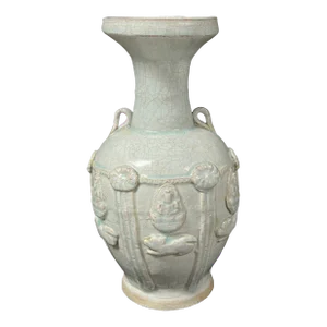Late 20th Century Chinese Art Porcelain Bluish Celadon Crackled and Raised Design Vase