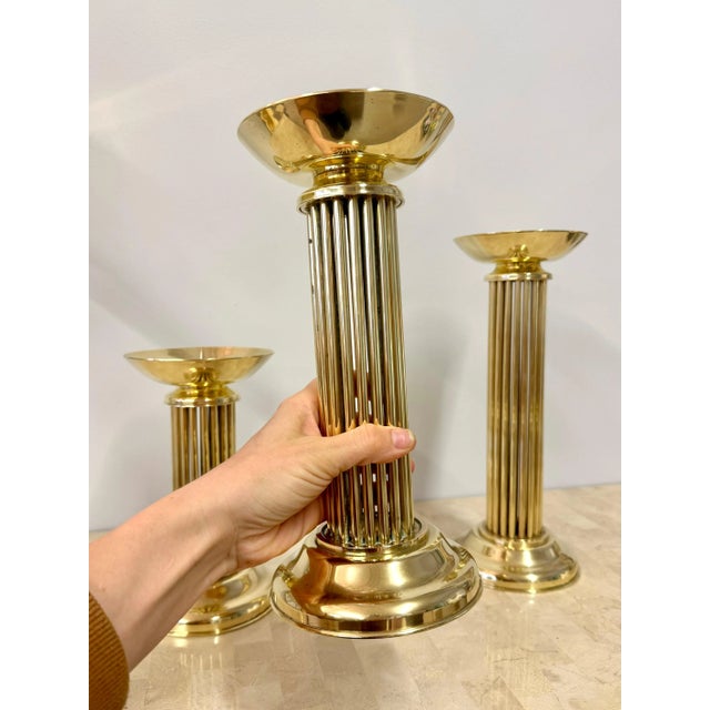 Vintage Brass Pedestal Pillar Candle Holders - Set of 3 | Chairish