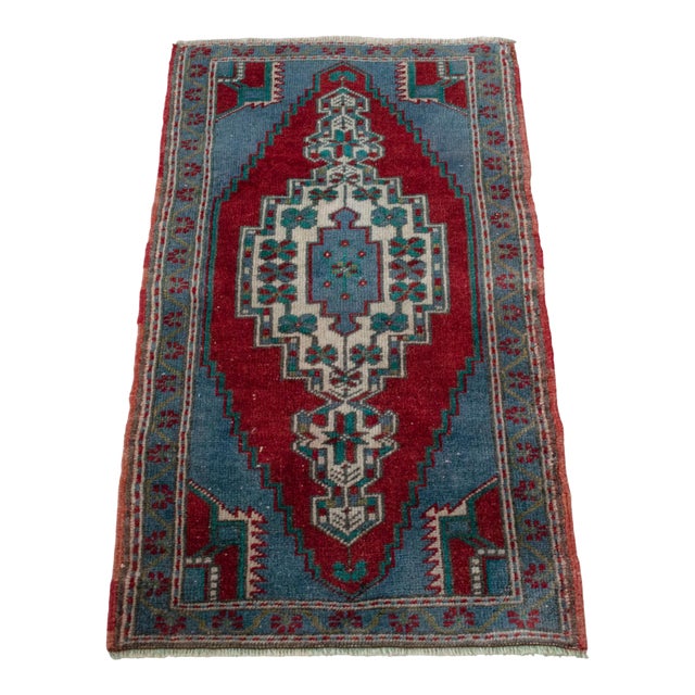 1960s Entryway Decor Small Turkish Rug Hand Knotted Bath Rug Kitchen Mat Bedside Accent - 21' X 37'' For Sale