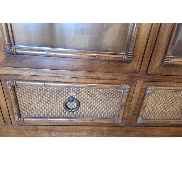 1970s Vintage Thomasville Faux Bamboo and Cane Glass Display Cabinet China Hutch For Sale - Image 5 of 17