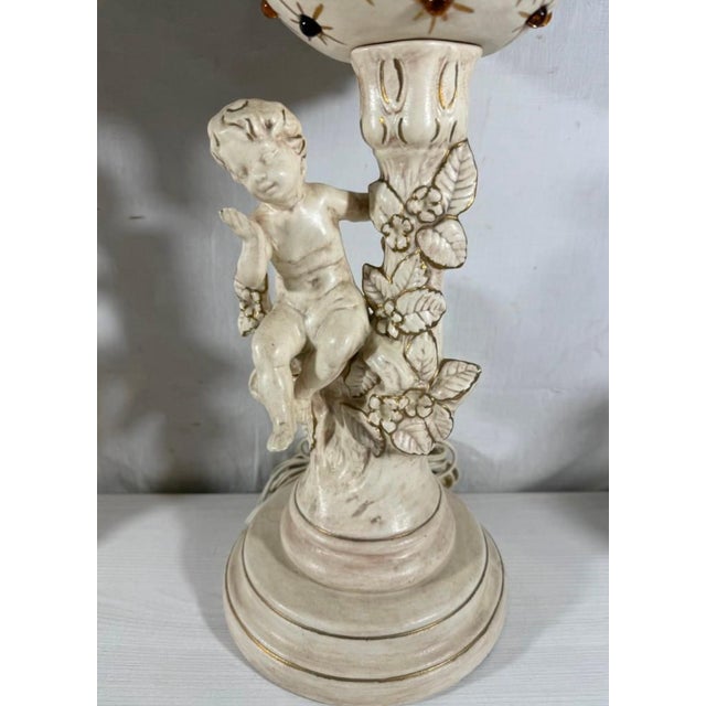 Vintage Mid-Century Modern Hollywood Regency Ceramic Cherub Sunburst Globe Lamps - A Pair For Sale - Image 4 of 16