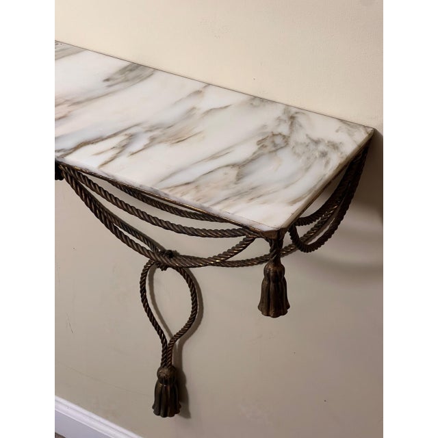 White Italian Rope and Tassel Gilt Iron Wall Mount Console Table, Marble Top, 1960s For Sale - Image 8 of 12