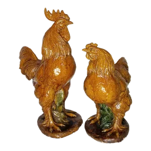 1970s Italian Glazed Ceramic Rooster and Chicken - Set of 2