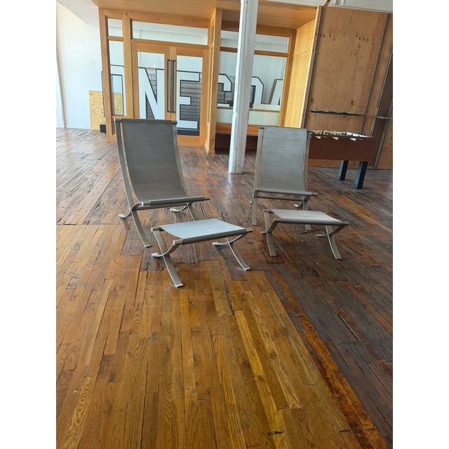Modern Indoor/Outdoor Metal Sling Lounge Chairs With Ottomans, a Modern Pair For Sale - Image 4 of 12