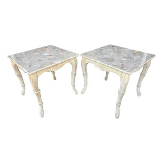 Pair of French Provincial-Style Side Tables With Marble Tops and Carved Wooden Legs For Sale