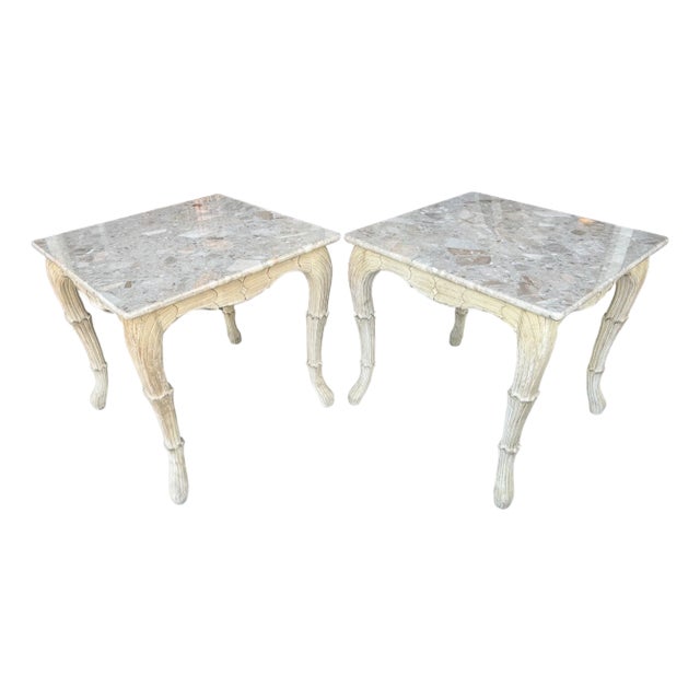Pair of French Provincial-Style Side Tables With Marble Tops and Carved Wooden Legs For Sale