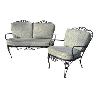 Vintage Wrought Iron Patio Seating Loveseat and Chair For Sale