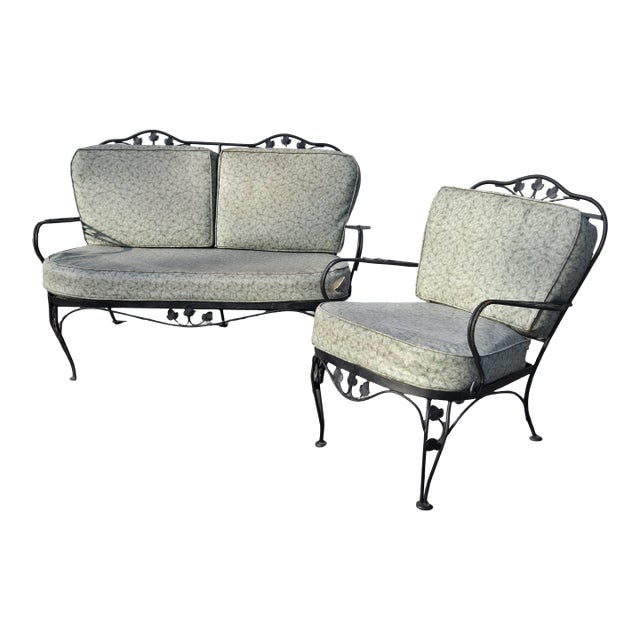 Vintage Wrought Iron Patio Seating Loveseat and Chair For Sale