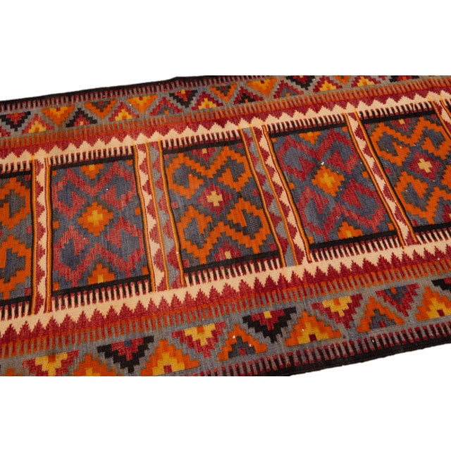 Vintage Kilim Handmade Flatweave Orange Geometric Wool Runner 3' 10'' X 11' 5'' For Sale - Image 4 of 11