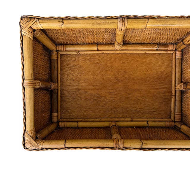 Mid 20th Century Vintage Bamboo and Rattan Sewing Basket Side Table With Lid - Organic Modern For Sale - Image 5 of 12