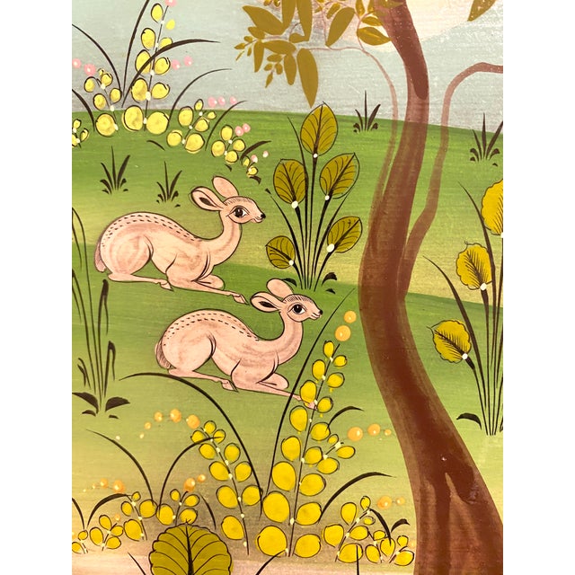 Paint Mid 20th Century Arturo Alcala Mexican Folk Art Painting – Landscape With Birds, Deer, Elephants, Toucans, & Wildlife For Sale - Image 7 of 15