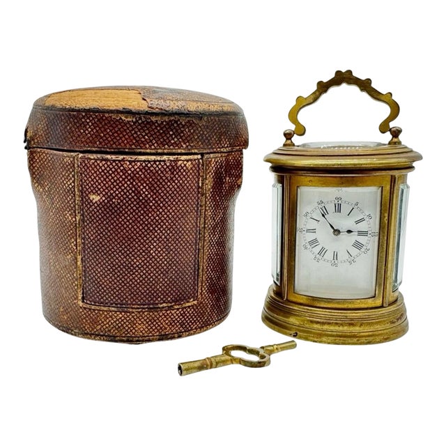 Antique French Oval Brass Carriage Clock With Travel Case For Sale