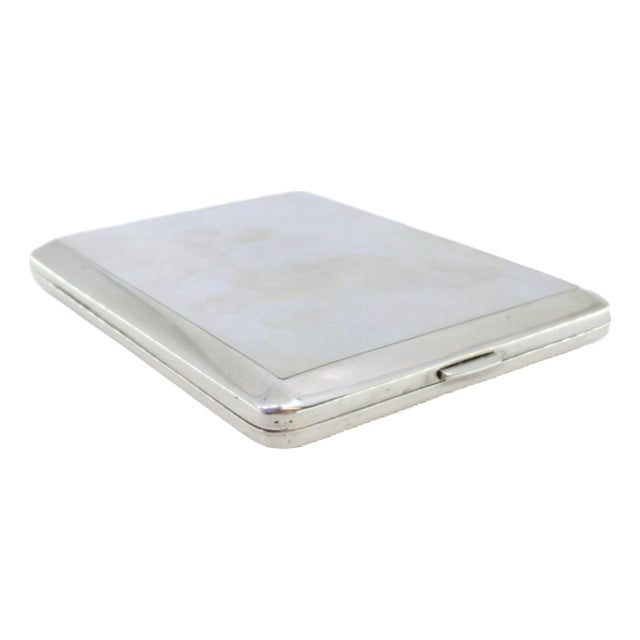 Plain Silver Cigarette Case with Parallel Bands, Gold Interior and Device on the Hinged Lid. For Sale