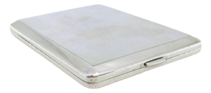 Plain Silver Cigarette Case with Parallel Bands, Gold Interior and Device on the Hinged Lid.