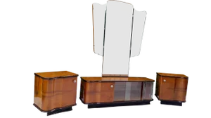 Art Deco Bedside Tables and Dressing Table with Mirror, Set of 3