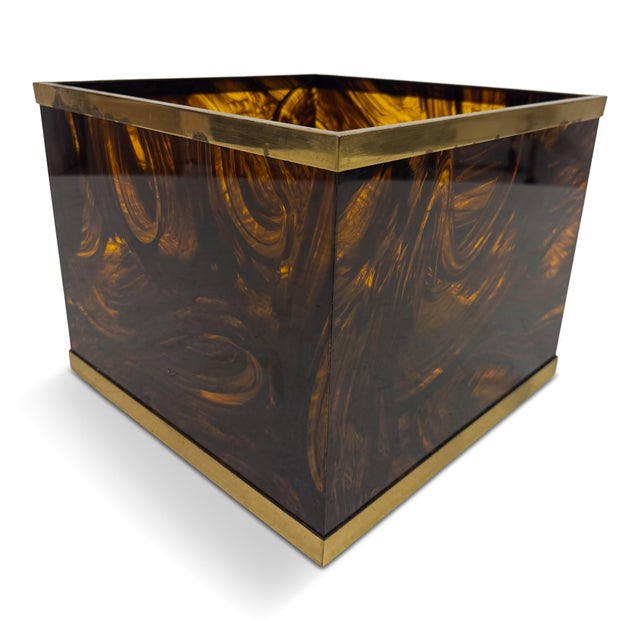 Tortoiseshell Effect Acrylic Glass and Brass Planter, 1970s For Sale - Image 12 of 12