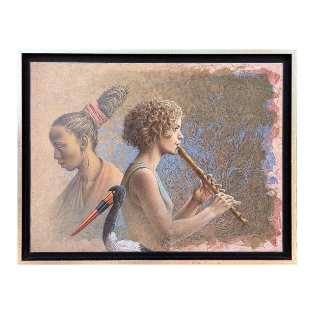 Poen de Wijs "Tripelconcert" Realist Painting of Two Women with a Flute & Saddlebill Stork, 1998 For Sale - Image 4 of 11