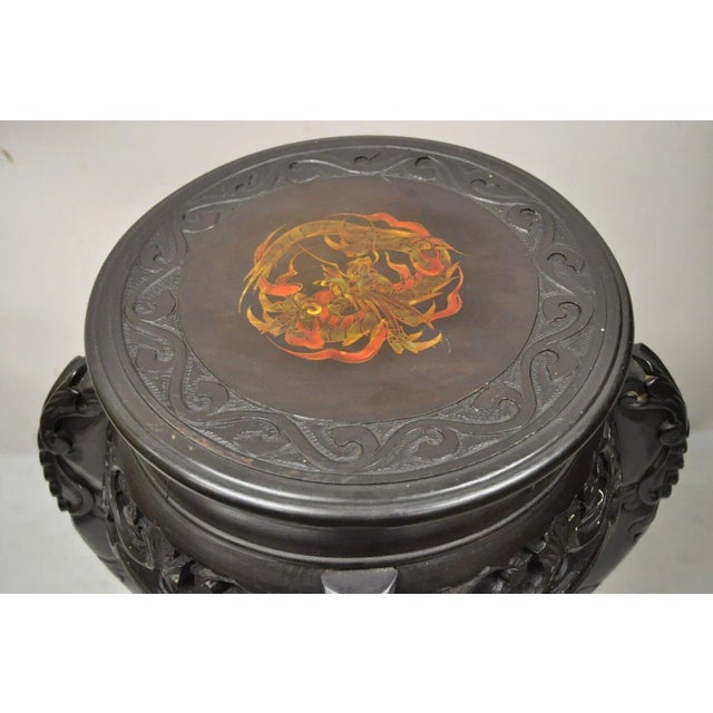 Wood Japanese Carved Wood Black Ebonized 28" Plant Stand Side Table Lacquer Top For Sale - Image 7 of 10
