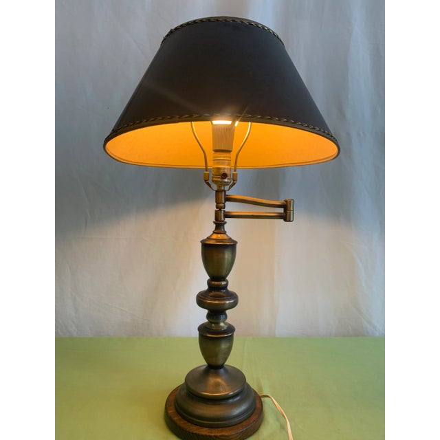 Vintage Bronzed Brass Swing Arm Table Lamp With Leather Shade Chairish
