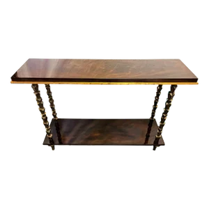 Hollywood Regency Console Table With Ebony Brown Flame Wood Finish & Bronze Accents