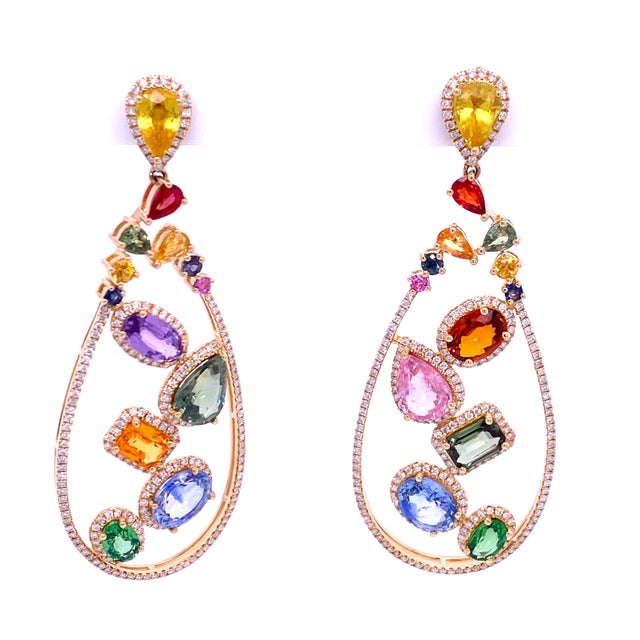 Contemporary A Pair of Rainbow Multi-Color Sapphire and Diamond Drop Earrings in 18k Yellow Gold – 17.24 Carats For Sale - Image 3 of 4