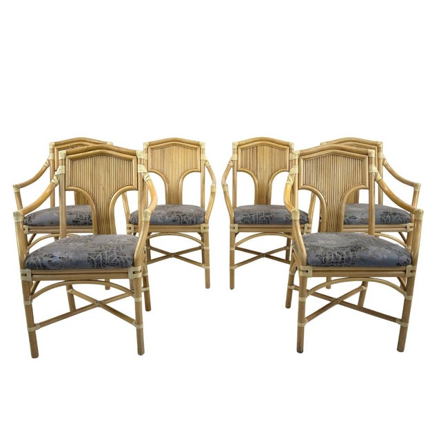 Dimensions: H 37” x W 24” x D 23” x SH 21” Set of 6 Vintage Italian bamboo and rattan armchairs with original upholstered...