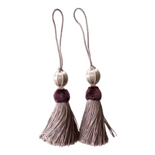 Petite Beaded Key Tassel in Lavender and Plum W Cut Velvet Ruche - A Pair For Sale