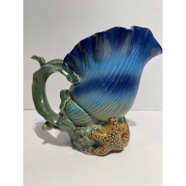 French Country Vintage French Style Majolica Shell Pitcher Marked 7847 For Sale - Image 3 of 10