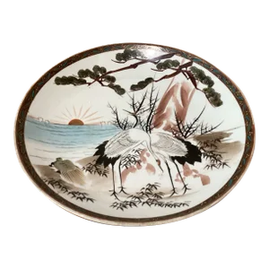 Antique Japanese Old Kutani Porcelain Plate Featuring Cranes Meiji Era,1868-191 Signed