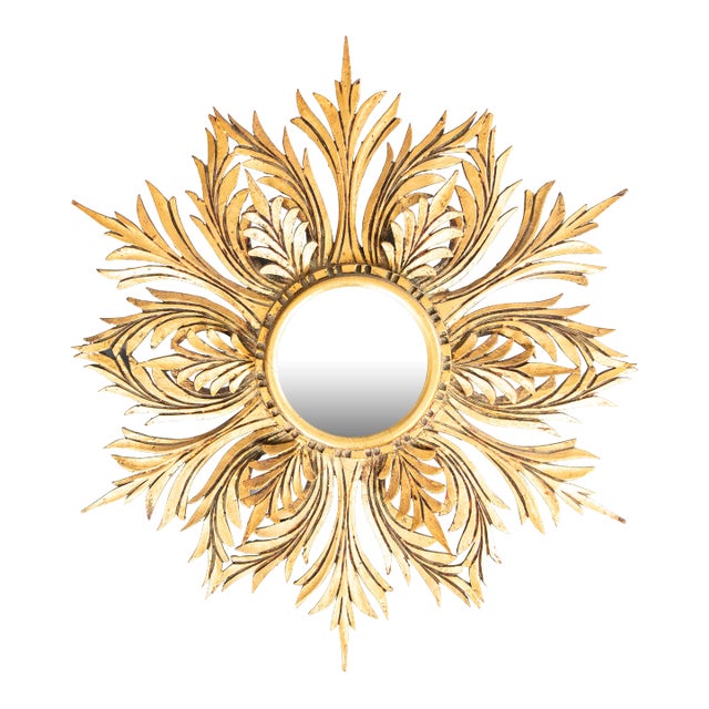 Vintage French Giltwood Sunburst Convex Mirror, 1950s For Sale