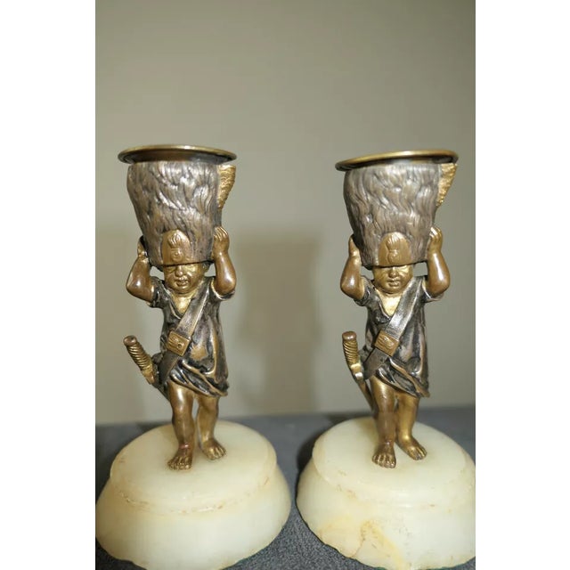 19thc French Antique Louis XVI Polychromed Bronze Military Cherub Candle Holders a - Pair For Sale - Image 11 of 12