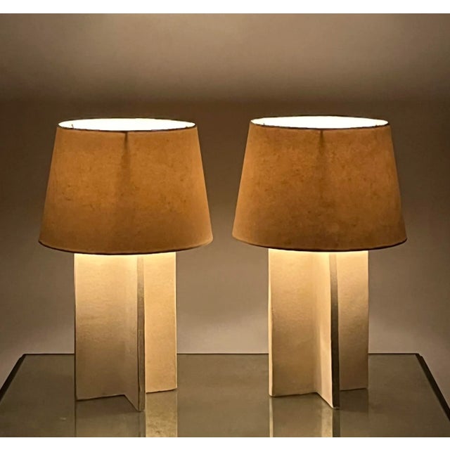 Art Deco Pair of 'Croisillon' Cream Ceramic Lamps With Parchment Shades by Design Frères For Sale - Image 3 of 8
