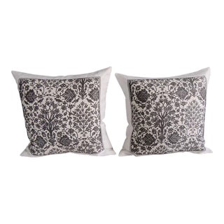 Vintage Fortuny Alderelli Fabric in Midnight and White Decorative Square Pillows- a Pair For Sale