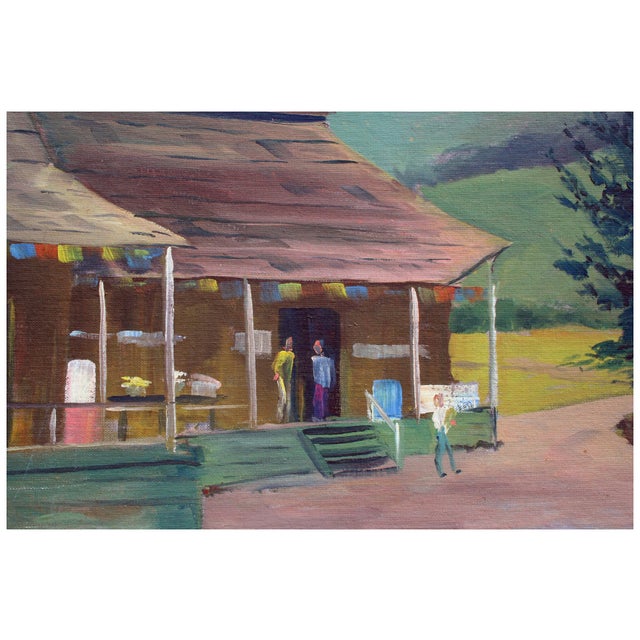 Mid Century Figurative Landscape -- Aptos Village Apple Shed and Market Charming mid century figurative landscape of Aptos...