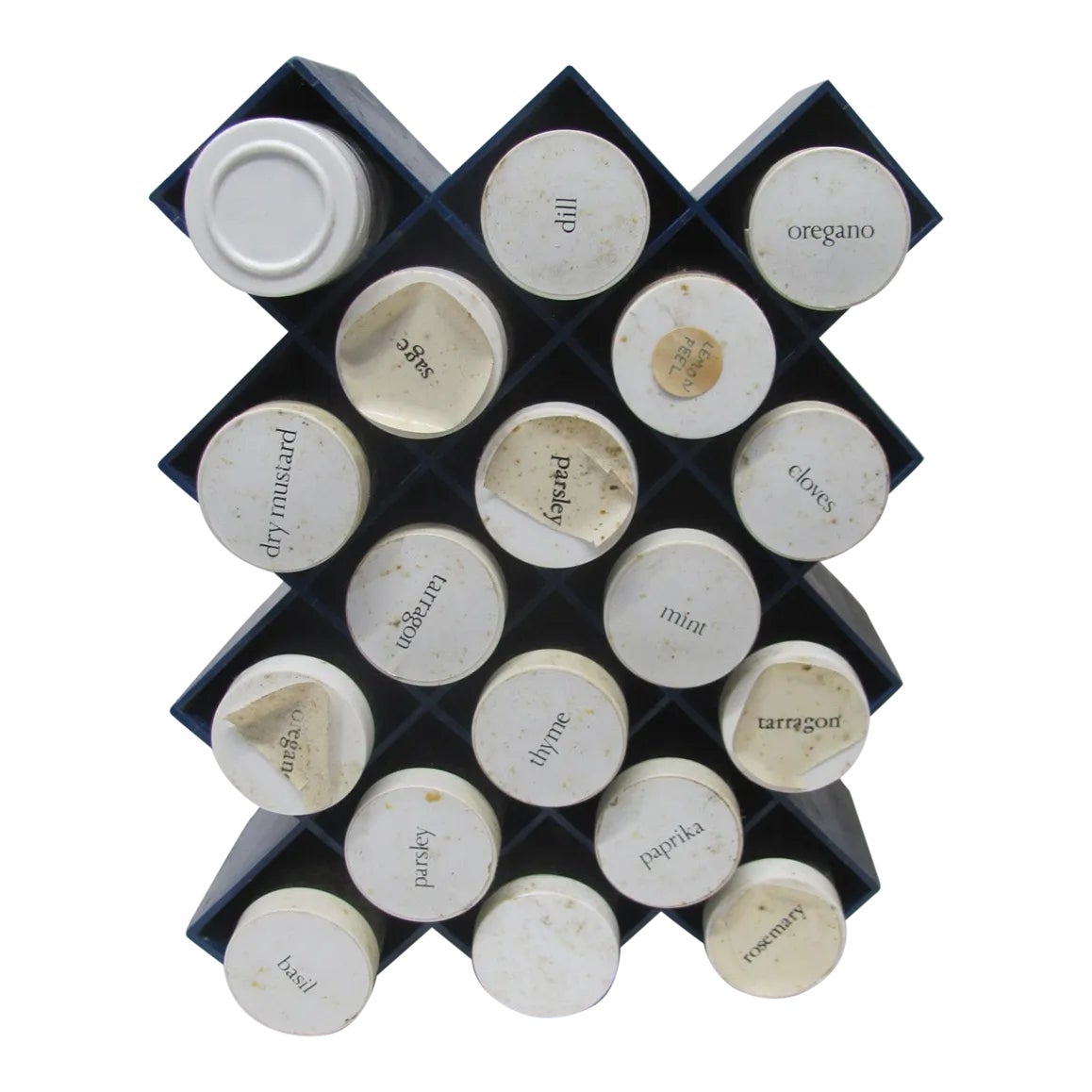Mid Century Copco Wall Mounted Blue Plastic and Glass Spice Rack and 16 ...