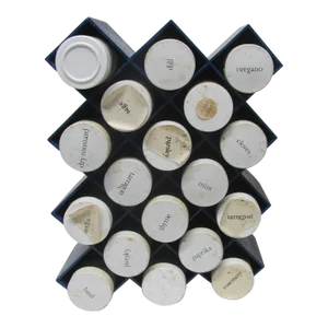 Mid Century Copco Wall Mounted Blue Plastic and Glass Spice Rack and 16 Jars Set