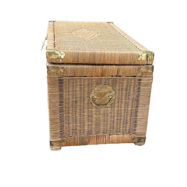 Vintage Mid-Century Asian Style Wicker and Brass Blanket Chest Height: 16 in Width: 32 in Depth: 16 in Discover the...