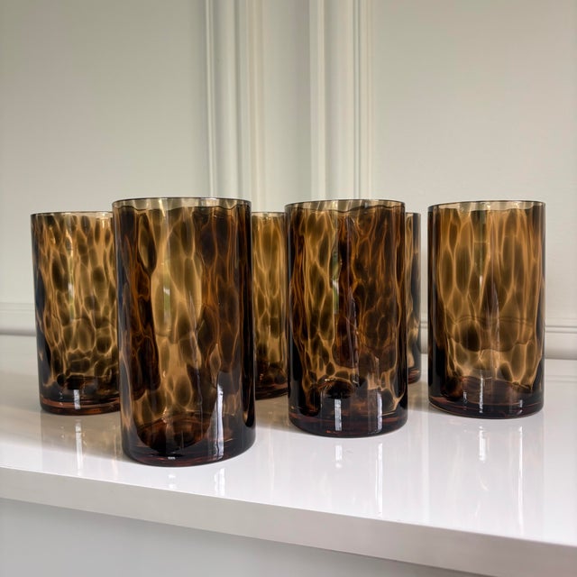 Boho Chic Italian Tortoise Shell Print Amber Brown Highball Glasses - Set of 6 For Sale - Image 3 of 6