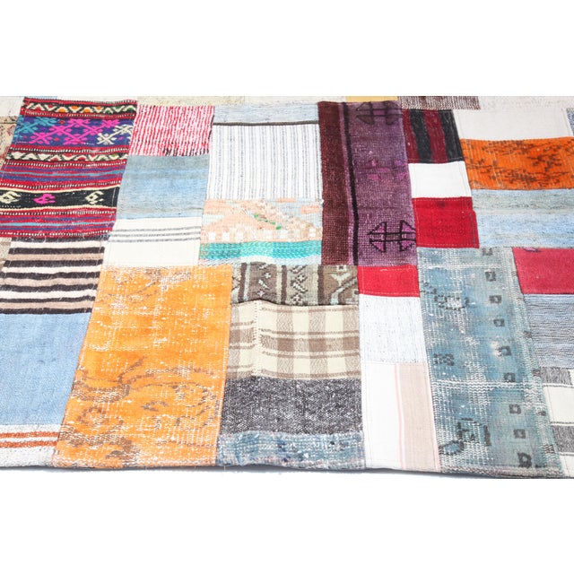 Mid 20th Century Multicolor Tribal Handwoven Kilim & Rugs Patchwork – A Statement Piece for Bohemian Interiors -3' 10'' X 5' 11'' For Sale - Image 4 of 11