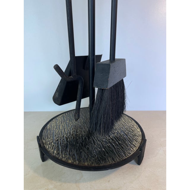 Mid-Century Modern Black Iron & Brass Fireplace Tool Set With Stand For Sale - Image 4 of 8