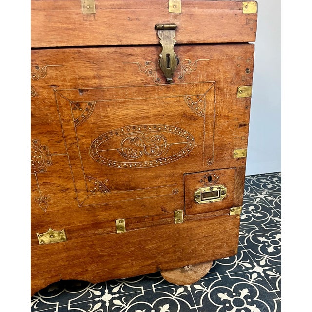 Antique Anglo-Indian Marriage Dowry Campaign Chest on Wheels, 1900s For Sale - Image 13 of 18